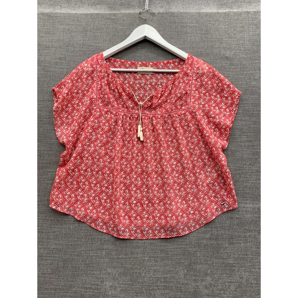 Hollister Sheer Blouse Womens Medium Red Geometric Print Casual Tassel Neck Logo
